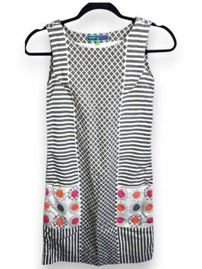 Bombay Cotton Linen Shift Dress Geometric Stripe Patch Pocket Mini Size XS
